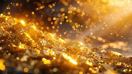 Naklejka premium Close up shot of golden nuggets in a pile creating a dazzling display of wealth and luxury.