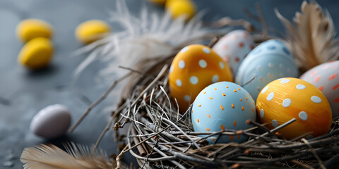 Colorful Easter Eggs in a Nest with Feathers