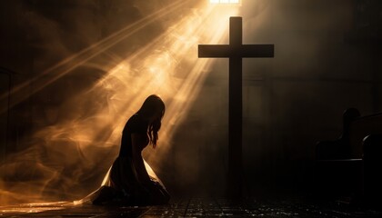 A Solemn Woman Kneeling in Prayer Before a Cross During a Dimly Lit Worship Moment