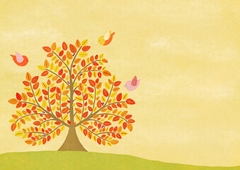 夕暮れ時の紅葉した木と小鳥のイラスト