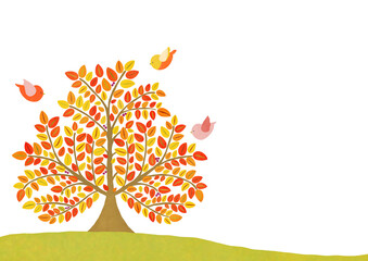 紅葉した木と小鳥のイラスト