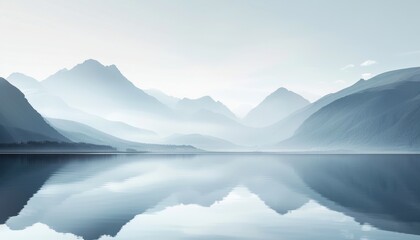 Tranquil Morning Landscape of Misty Mountains Reflected in Calm Water