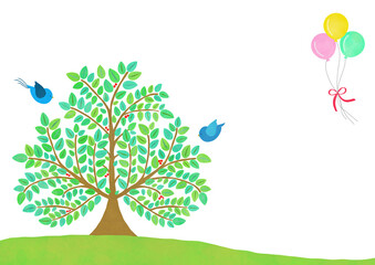 丘の上の大きな木と青い鳥のイラスト