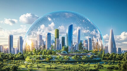 Naklejka premium 06081453 03 The futuristic bio-dome city is a sanctuary of advanced technology and environmental harmony. The transparent dome protects the city from external climate extremes while allowing natural