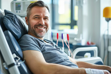 A smiling blood donor is sitting in a hospital chair, connected to a machine, giving blood for medical use in a supportive and caring environment
