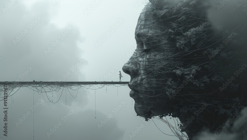 Poster two abstract faces are depicted in the fog, creating a haunting and mystical scene.