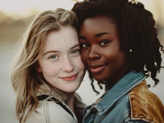 Fototapeta premium Black and Caucasian Girls Friends Embracing in Nature During Golden Hour With Soft Light and Floral Accents