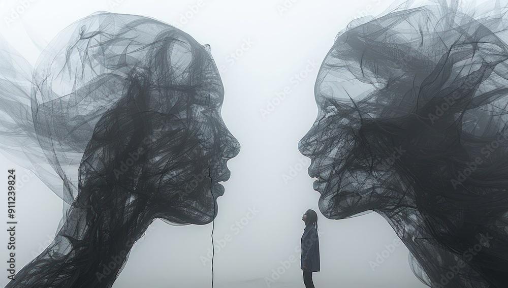 Poster two abstract faces are depicted in the fog, creating a haunting and mystical scene.