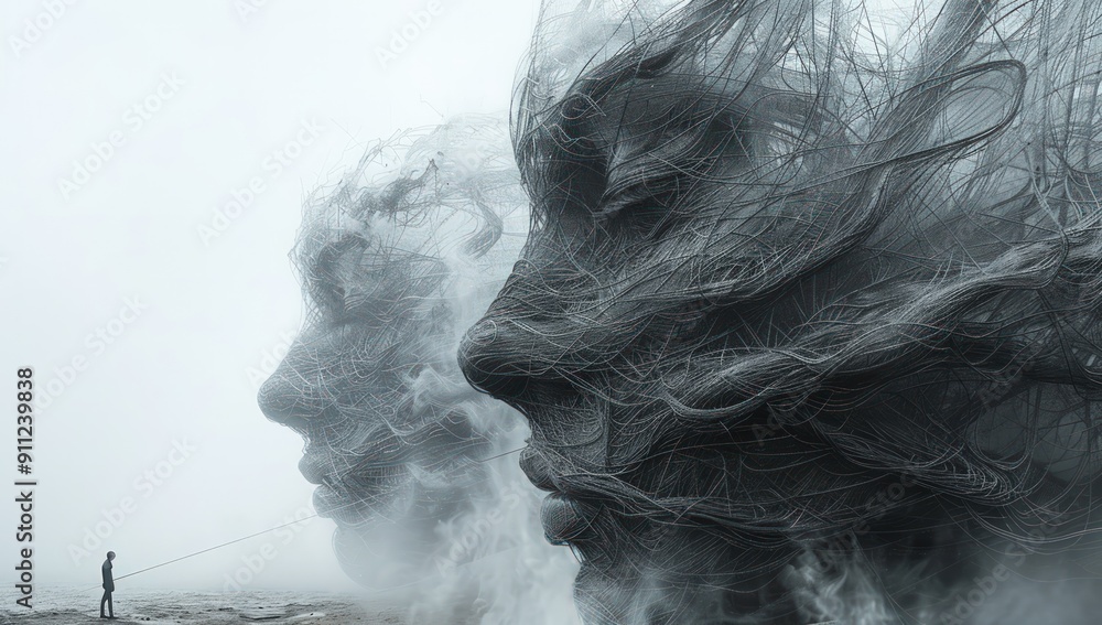 Poster two abstract faces are depicted in the fog, creating a haunting and mystical scene.