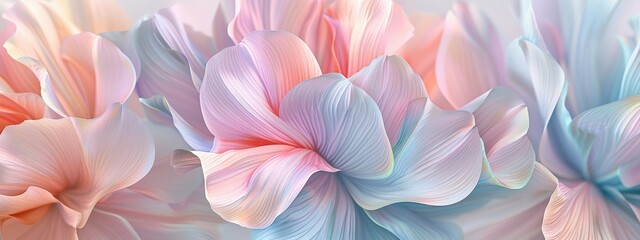 Fototapeta premium Delicate pastel flower petals in shades of pink, blue, and peach create a soft, dreamlike floral background.