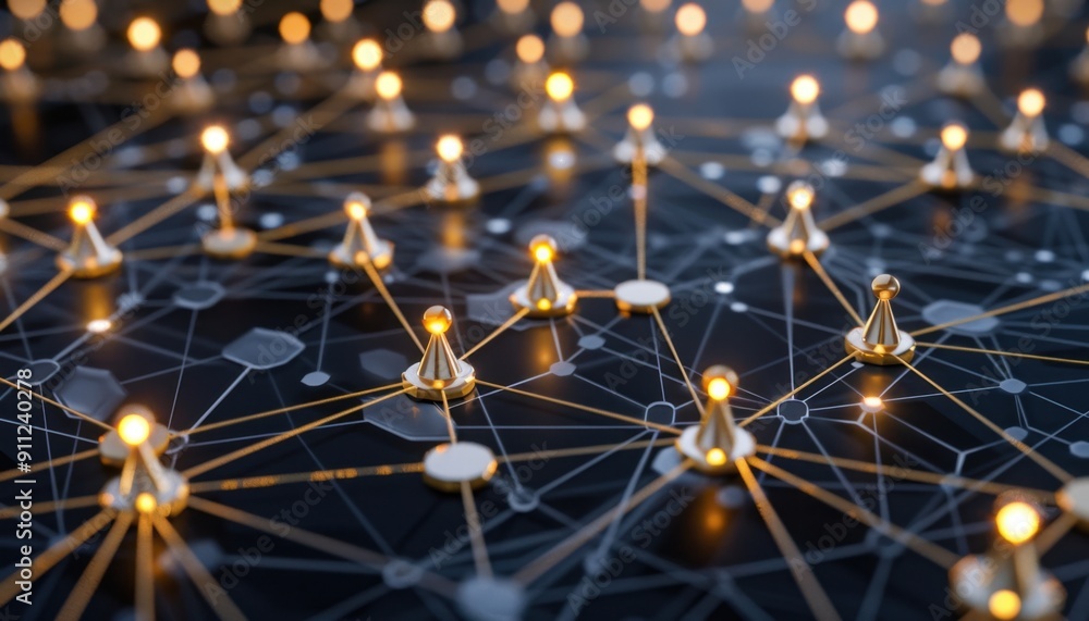 Aufkleber connecting digital nodes in a futuristic network on a dark surface
