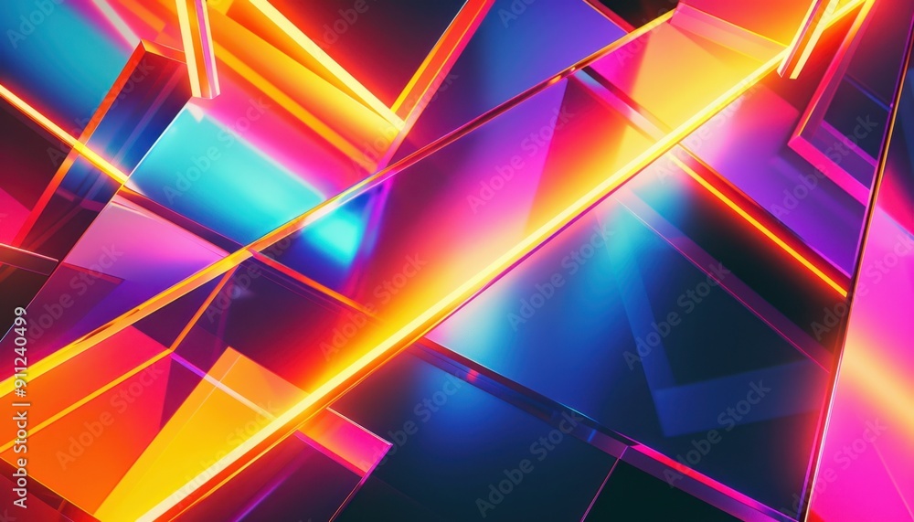 Poster vibrant geometric patterns of colorful light reflection and refraction in a contemporary art install