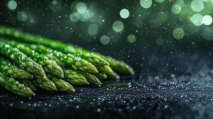 Fototapeta premium Green asparagus spears are covered in sparkling water droplets, creating a fresh and appetizing look on a dark backdrop, highlighting their natural beauty and texture.