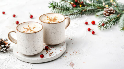 Happy new year or Christmas mockup. Ceramic white cup or mug with hot chocolate, foam, coffee, tea with decorations on christmas background. Cozy wintertime leisure. Generative ai	