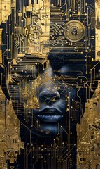 Golden Circuitry of Consciousness: A captivating portrait blending human features with intricate golden circuitry, exploring the intersection of technology, consciousness, and the digital age. 