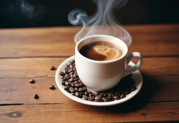 Obraz premium Fresh coffee steams on wooden table close up, ai
