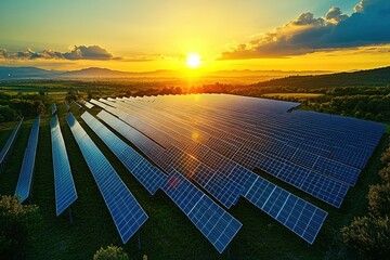 An aerial view of a large solar farm with rows of solar panels gleaming under the sun. The image represents sustainable energy solutions and the importance of protecting the ozone layer to reduce