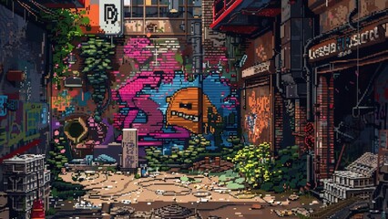 Fototapeta premium Neon Alleyway's Urban Decay: A captivating pixel art piece depicting a gritty, graffiti-laden alleyway in a cyberpunk cityscape, overgrown with nature's resilience. 