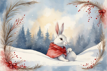 Children's Christmas card with bunny, painted in watercolor.