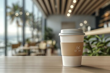 White paper coffee cup with brown sleeve on table in modern cafe interior with blurred background