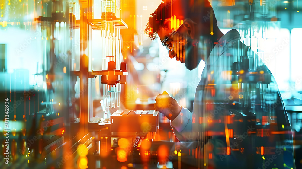 Poster double exposure of scientist analyzing data in advanced laboratory