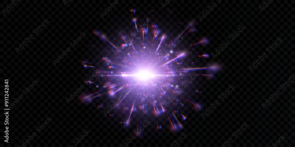 Poster Vivid purple light effect with glare and particle explosion effect on black background. Vector 10 EPS