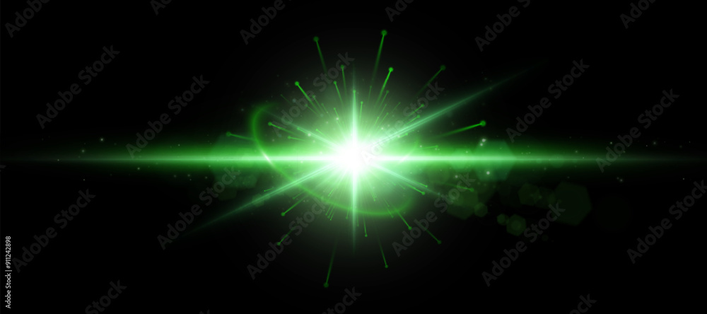 Poster Abstract green light effect with glare and particle explosion effect on black background. Vector 10 EPS