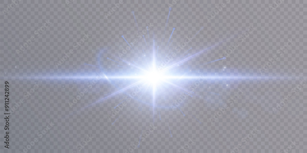 Poster Bright PNG light effect. Abstract blue flash of light and laser beams with shimmer and glitter. Isolated on transparent background.