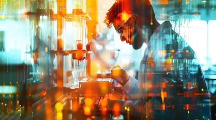 Double Exposure of Scientist Analyzing Data in Advanced Laboratory