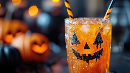 Spooky Halloween Drink Close-up with Festive Straw and Decorations for Seasonal Celebration