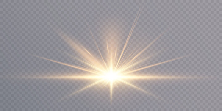 Abstract golden light effect with glare and particle explosion effect on transparent background. Vector 10 EPS