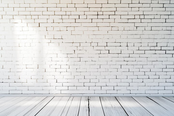 Fototapeta premium Alter weißer Backsteinmauerhintergrund mit Holzboden