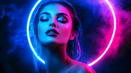 Stunning Portrait Neon Light Female Model Beauty Glowing Artistic Photography