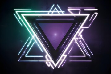 glowing neon triangle sign on black background star of David 