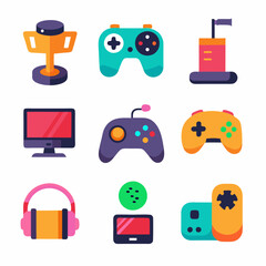 Design a gradient icon set of 16 gaming items: game controller, joystick, VR headset, gaming chair, keyboard, mouse, monitor, gaming console, dice, chess piece, playing card, board game, puzzle piece,