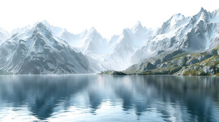 Fototapeta premium Beautiful mountain range with a large body of water in the foreground isolated on transparent background