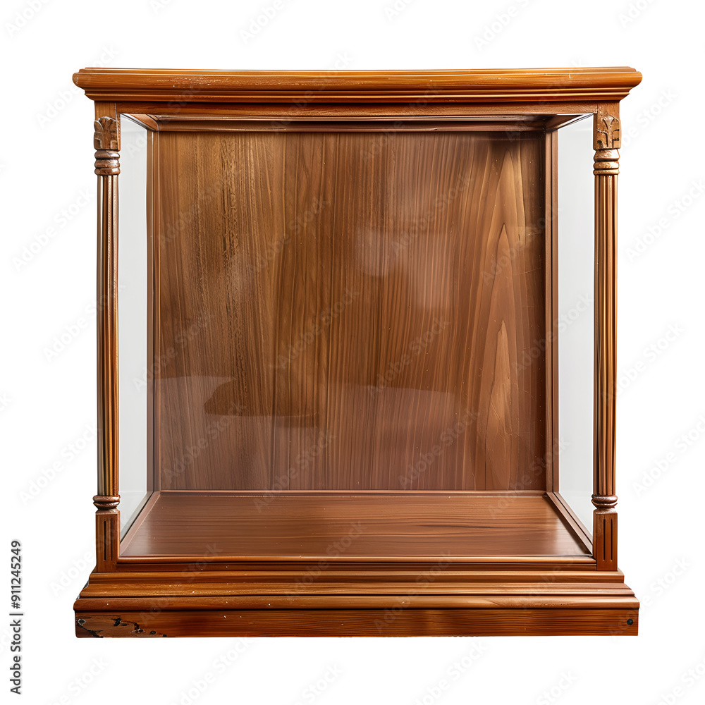 Poster vintage wooden display case with open front and clear backdrop, perfect for showcasing products