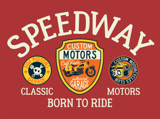 Speedway biker club motorcycle custom motors cute vector print for kid children wear shirt with embroidery patches