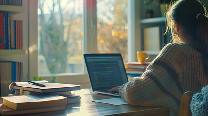 Woman Studying on Laptop in Sunlit Home Office