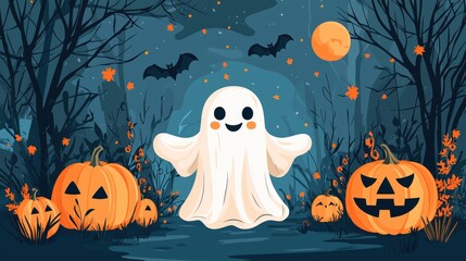 Whimsical Halloween Delight - Fun Cartoon Scene with Friendly Ghost, Colorful Pumpkins, and Playful Bats