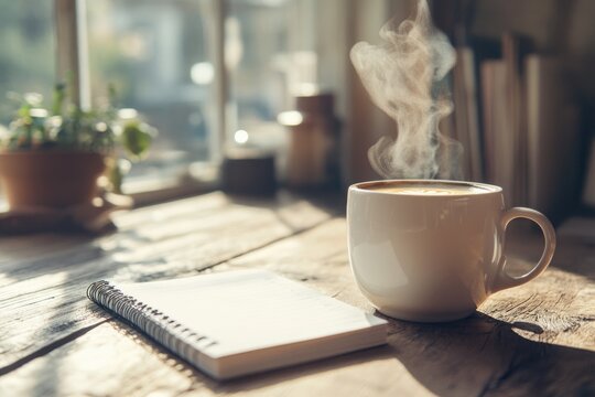 Morning Productivity Boost: Hot Coffee and Planner for Monday Planning