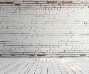 Fototapeta premium Alter weißer Backsteinmauerhintergrund mit Holzboden