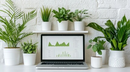 A sleek laptop with data charts is surrounded by vibrant indoor plants in a bright office, showcasing a blend of nature and technology during daylight