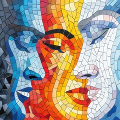 Fototapeta premium A vibrant, abstract piece showcasing a couple in mosaic style, featuring deep emotions and layered patterns.