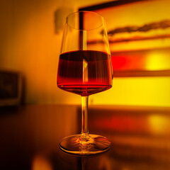 Beautiful glass with clear red wine close-up.