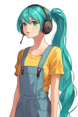 A stunning woman with blue hair and bright green eyes, radiating beauty in overalls, captured in an oldschool anime style.