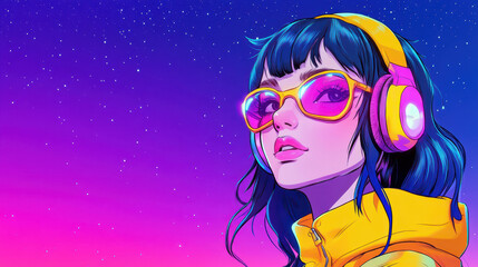 A vibrant cyberpunk girl in retro gear, sporting headphones amidst a bustling cityscape, blending s nostalgia with modern flair.