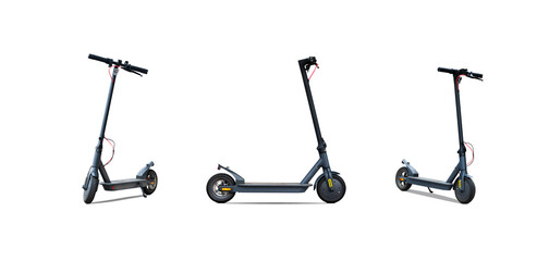 Set of 3 electric scooters from different angles isolated on transparent background.