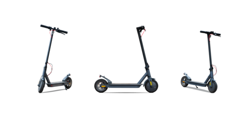 Set of 3 electric scooters from different angles isolated on transparent background.