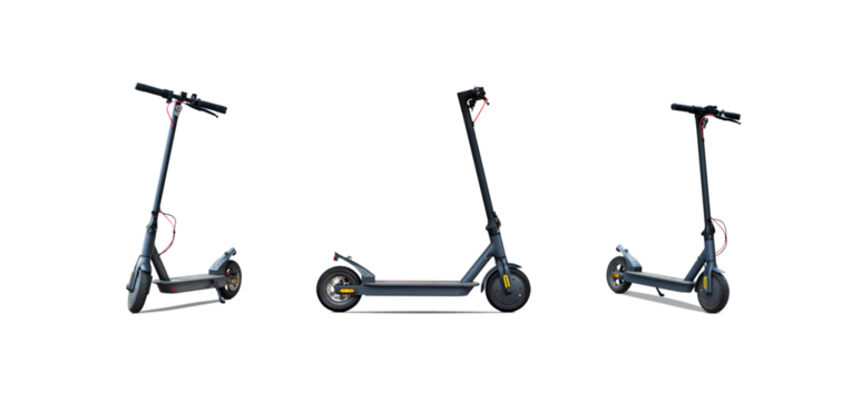 Set of 3 electric scooters from different angles isolated on transparent background.